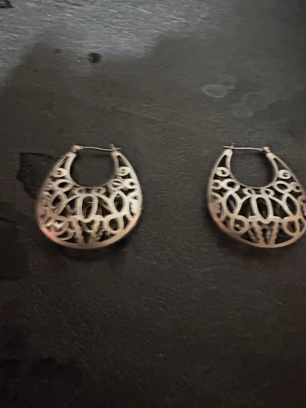 VINTAGE ORNATE FILIGREE HOOP SILVER-TONE DROP 1.5